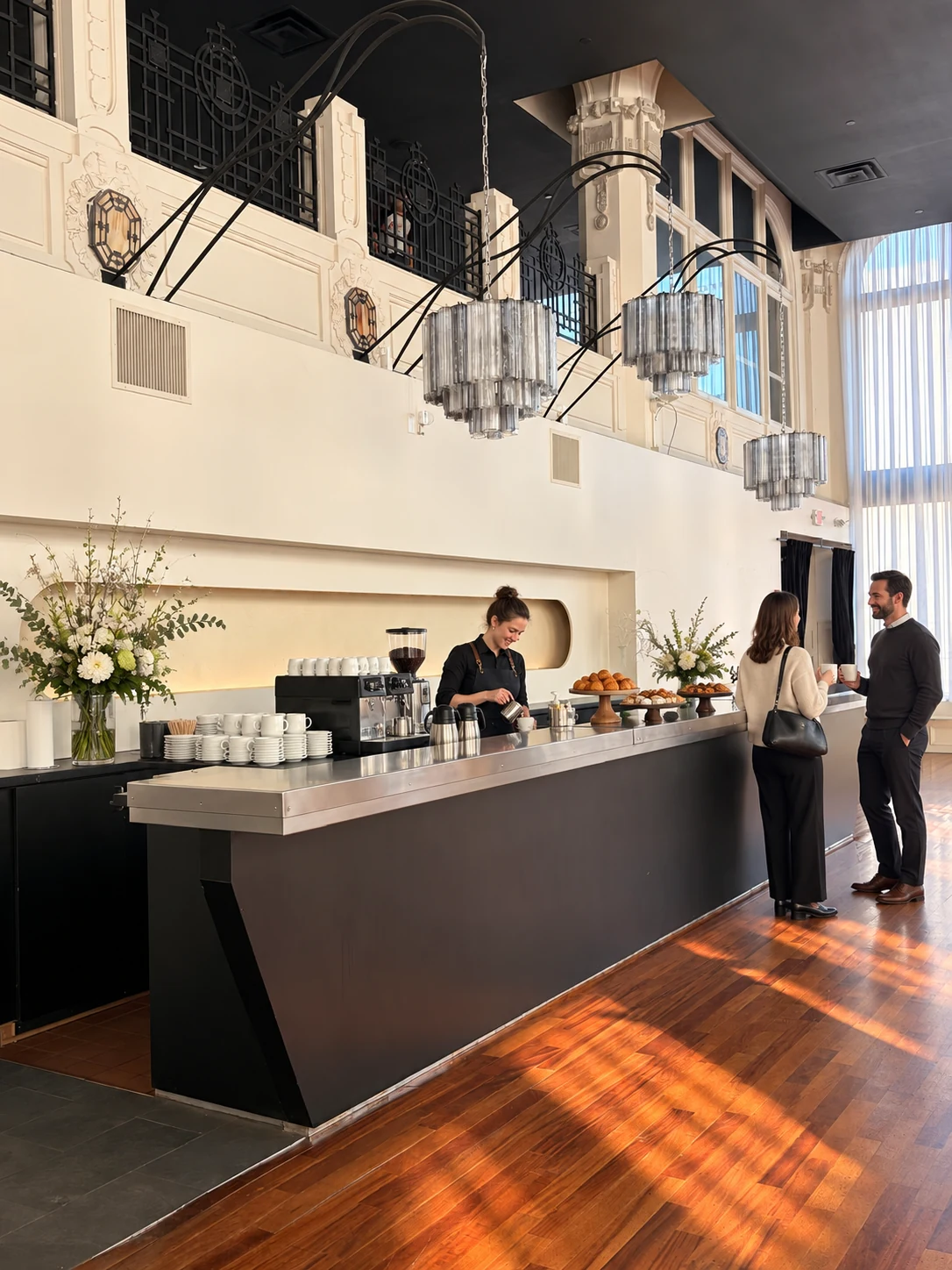 Actual Lumen space AI-staged for Coffee & community; conceptual furniture and props